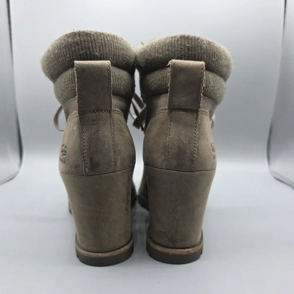 UGG Kriston Booties Womens‎ 9.5 Brown Leather Wedge Ankle Boots Waterproof